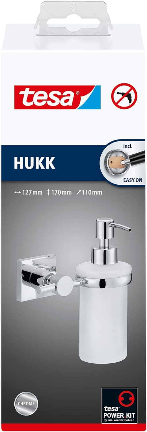 tesa HUKK Seifenspender-Set, satiniertes Glas und verchromter Edelstahl - Flüssigseifenspender zur W