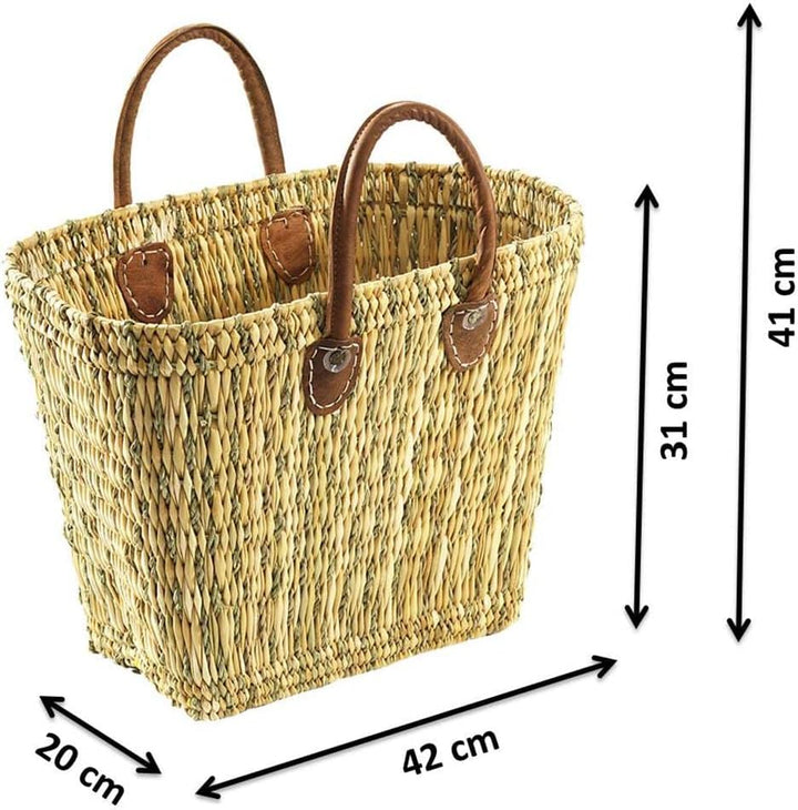Kobolo Korbtasche Einkaufstasche Flechttasche Strandtasche Seegrastasche natur Ledergriffe