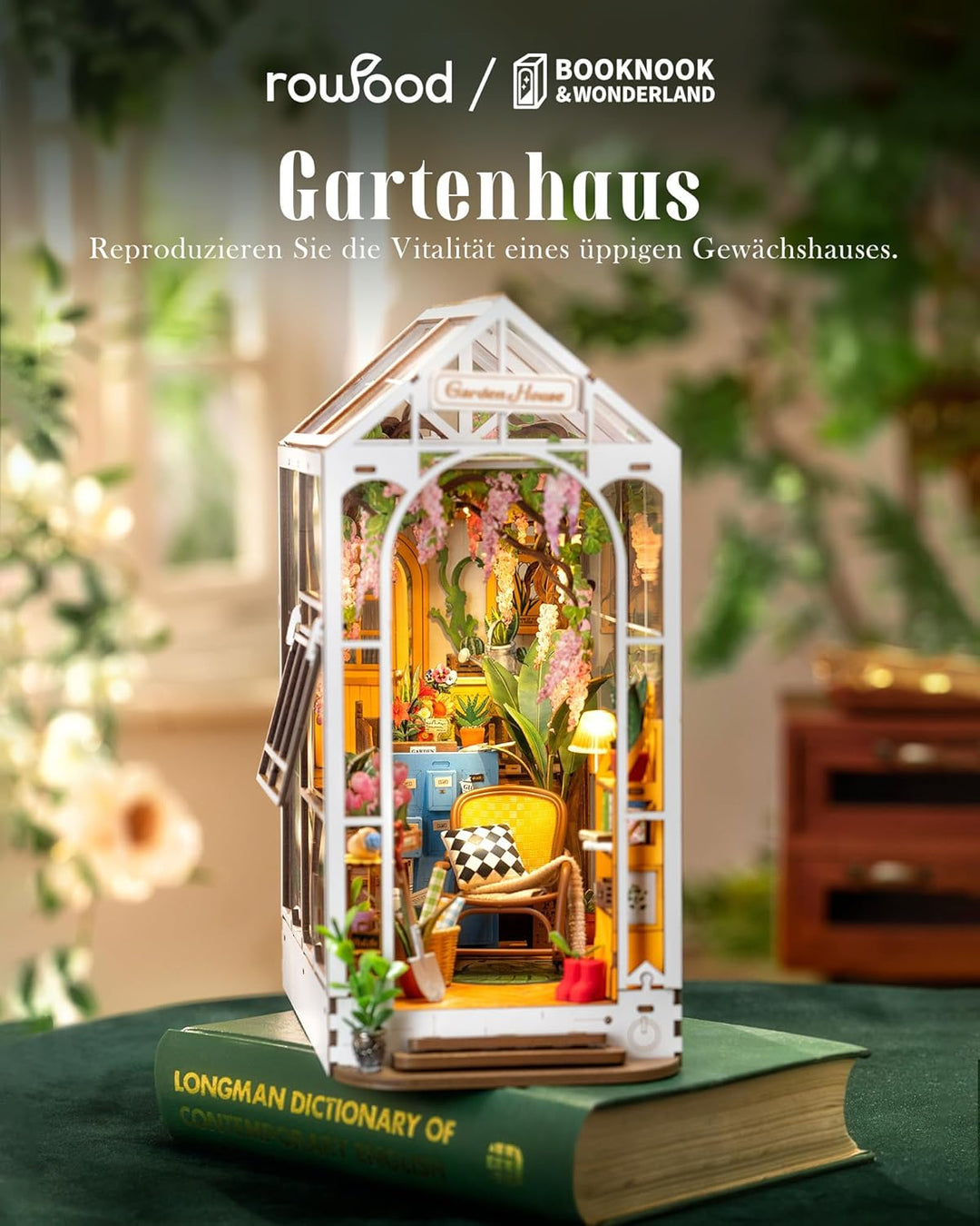ROWOOD Book Nook Kit Gartenhaus, DIY Booknook Diorama Buchstütze Modellbausatz 3D Puzzle Aus Holz -