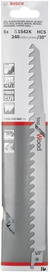 Bosch Professional 5 Stück Säbelsägeblatt S 1542 K Top for Wood (für Holz, 240 x 19 x 1,5 mm, Zubehö