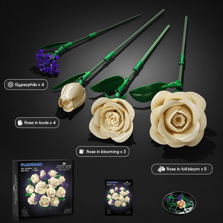 Weisse Rosenblumenstrauss-BAU Set 523 Teile Pflanzen-Sammlung Bausteinspielzeug, 12 Blumen als Heim-