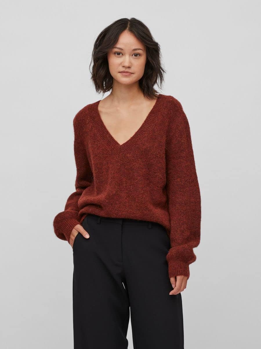 Vila Damen Vijamina Rev V-Neck L/S Knit Top-Noos Strickpullover XL Fired Brick, XL Fired Brick