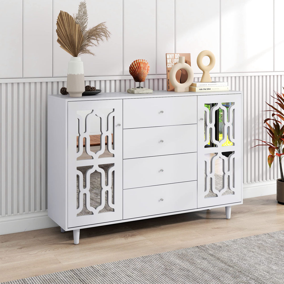 ModernLuxe - Weiss verspiegelte Sideboard mit Kristallgriffen, für Wohn- und Esszimmer (147,5 x 40 x
