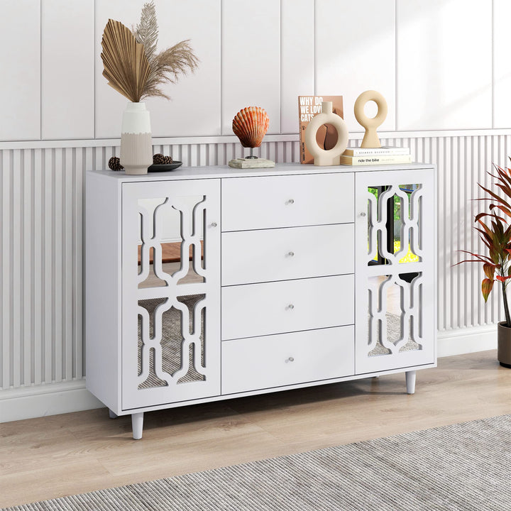 ModernLuxe - Weiss verspiegelte Sideboard mit Kristallgriffen, für Wohn- und Esszimmer (147,5 x 40 x