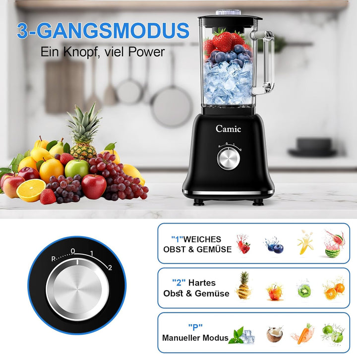 Camic Standmixer 1200W Hochleistungsmixer 3-in-1 mit 1,6L Glasbehälter Mixer & 400ml Reisebecher & 2