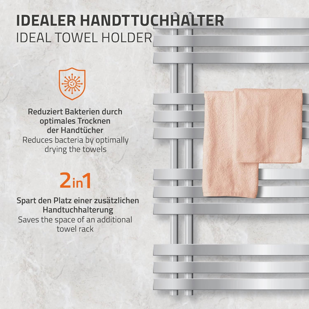 ECD Germany Iron EM Design Badheizkörper Elektrisch mit Heizstab 600 W - 500 x 1000 mm - Chrom - Des