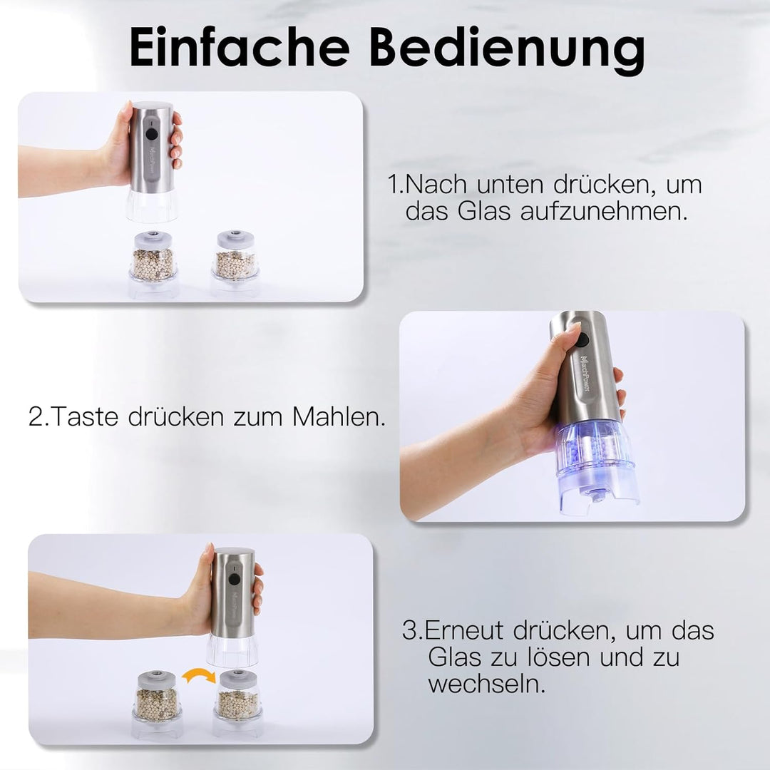 Marchpower elektrische Salz und Pfeffermühle Set, USB Wiederaufladbar, Edelstahl, 2 grosse Kapazität