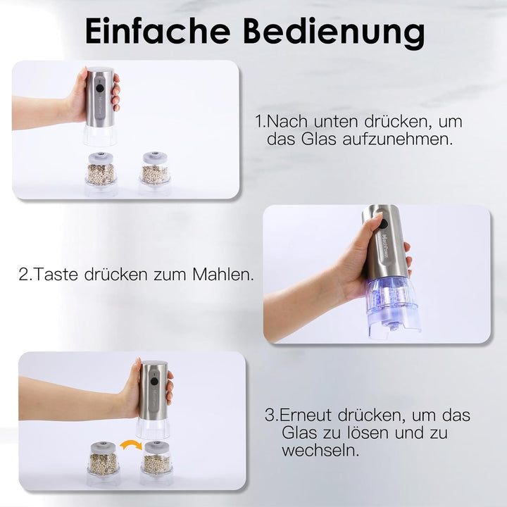 Marchpower elektrische Salz und Pfeffermühle Set, USB Wiederaufladbar, Edelstahl, 2 grosse Kapazität