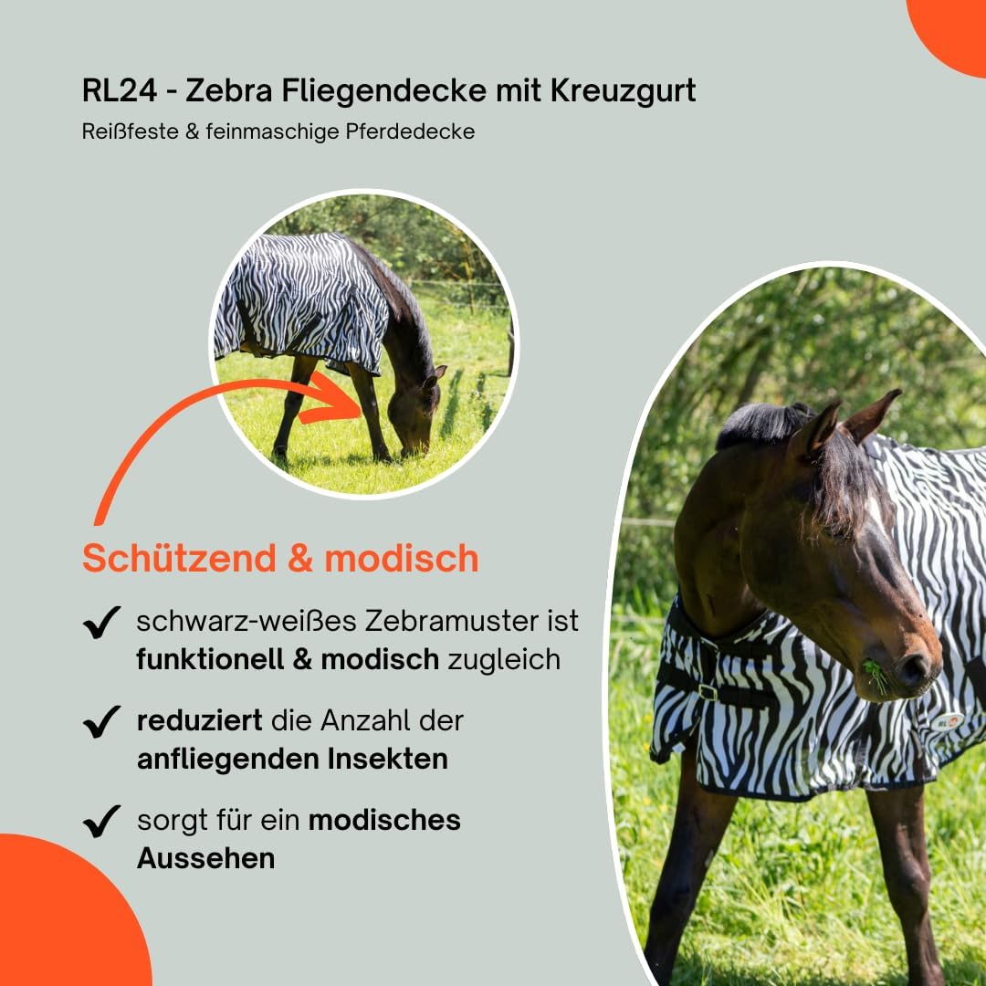 RL24 - Zebra Fliegendecke mit Kreuzgurt – reissfeste & feinmaschige Pferdedecke – Weidedecke zum Sch