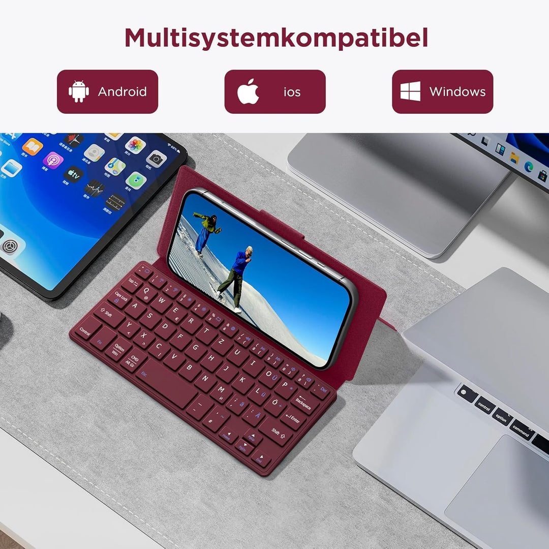 CACOE Mini Bluetooth Tastatur mit Ständer für Handy, Ultraflache Tragbare, Faltbare, Dual-Channel QW