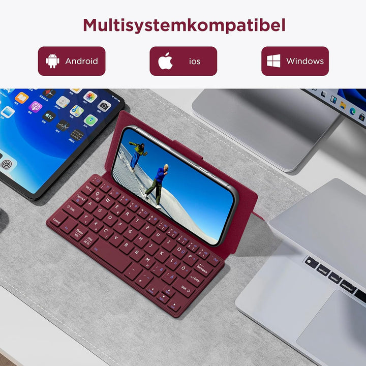 CACOE Mini Bluetooth Tastatur mit Ständer für Handy, Ultraflache Tragbare, Faltbare, Dual-Channel QW