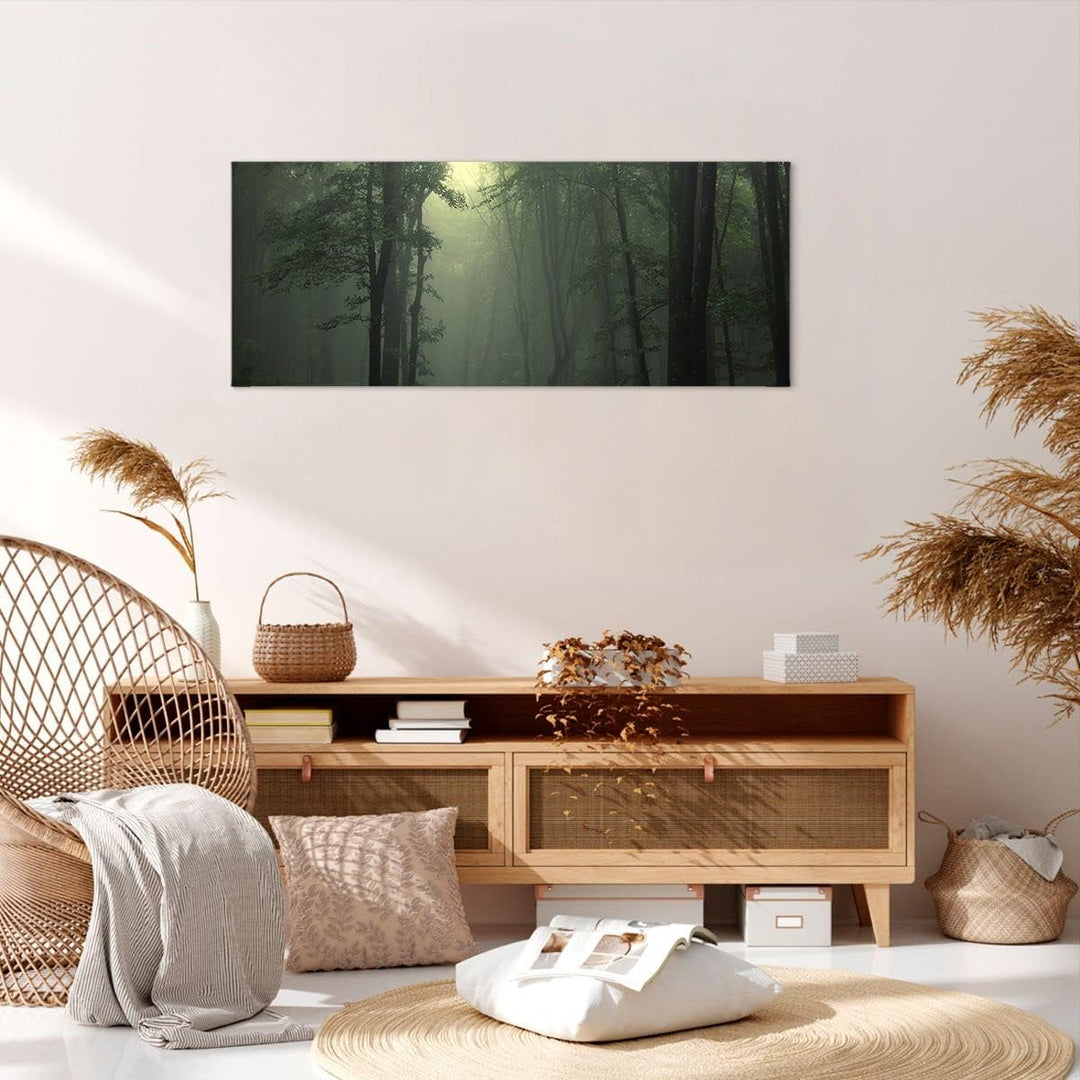 Wandbilder Dekoration Wohnzimmer Wald Nebel Baum Panorama Bilder auf Leinwand 120x50cm Leinwandbild