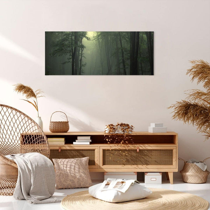 Wandbilder Dekoration Wohnzimmer Wald Nebel Baum Panorama Bilder auf Leinwand 120x50cm Leinwandbild