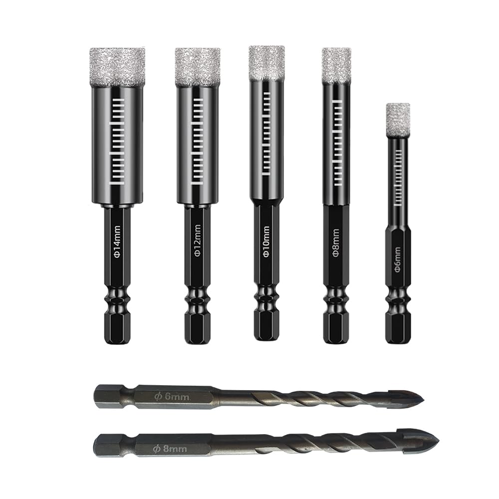 Fliesenbohrer Set Glasbohrer Diamantbohrer 7-tlg:6,8,10,12,14mm mit 6/8mm Hartmetallbohrer,Bohrer Gl