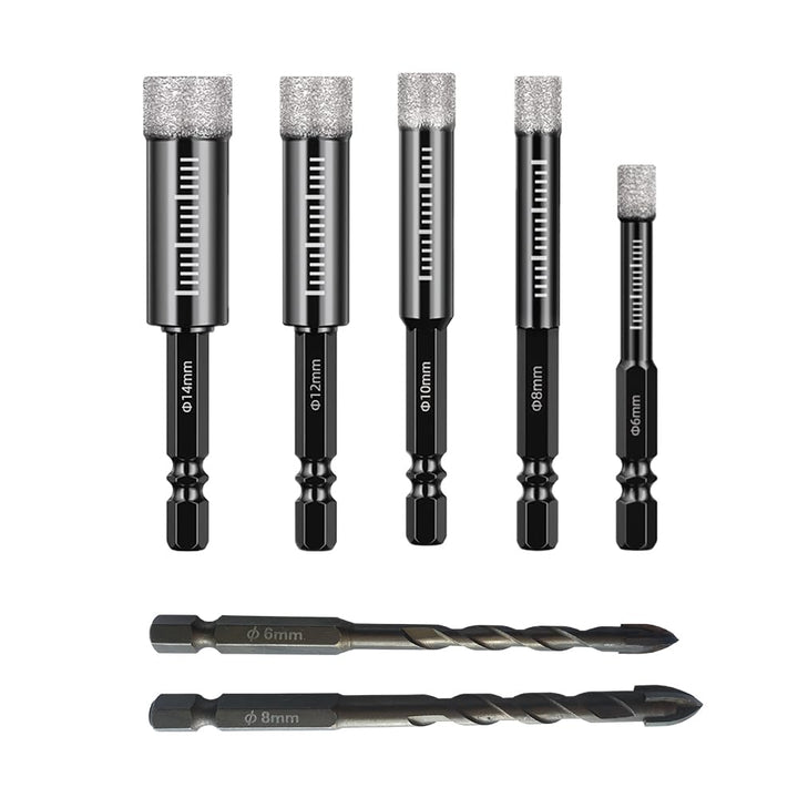 Fliesenbohrer Set Glasbohrer Diamantbohrer 7-tlg:6,8,10,12,14mm mit 6/8mm Hartmetallbohrer,Bohrer Gl