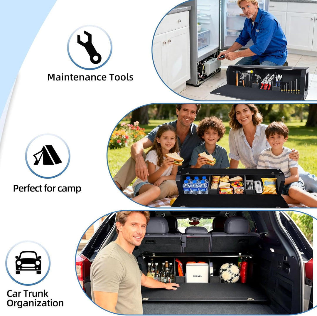 Grosser XXL Auto Kofferraum Organizer mit Deckel – Premium NAPPA Leder, Vordertür & Tragbarer Push-P