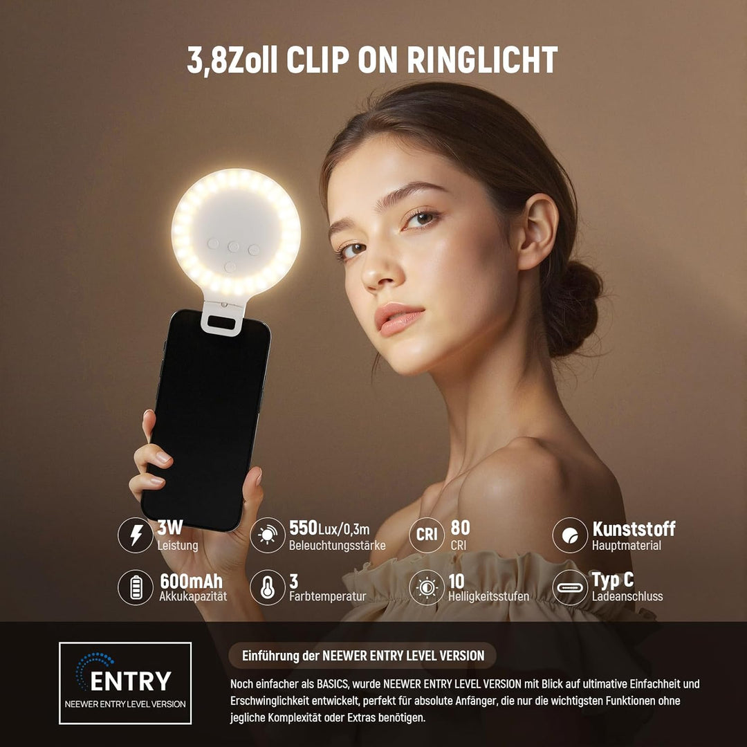 NEEWER ENTRY LEVEL VERSION Ringlicht Handy, 9,6cm Ring Light, 3W Clip on Selfie Licht, 3 Modi, CRI80