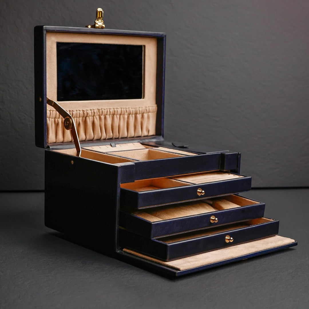 Time Resistance Marineblau Leder-Schmuckkästchen Vollnarbenleder Schmuck Organizer Aufbewahrung von