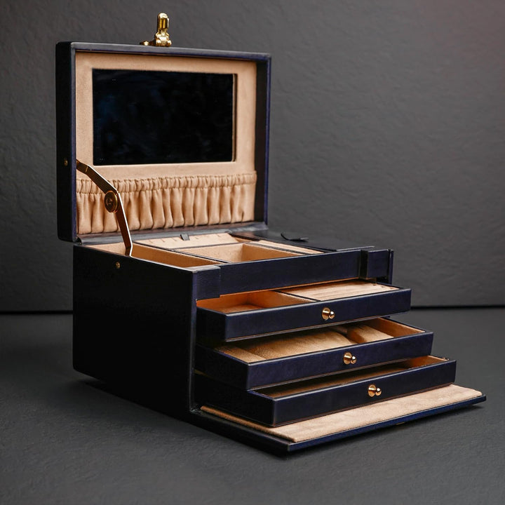 Time Resistance Marineblau Leder-Schmuckkästchen Vollnarbenleder Schmuck Organizer Aufbewahrung von