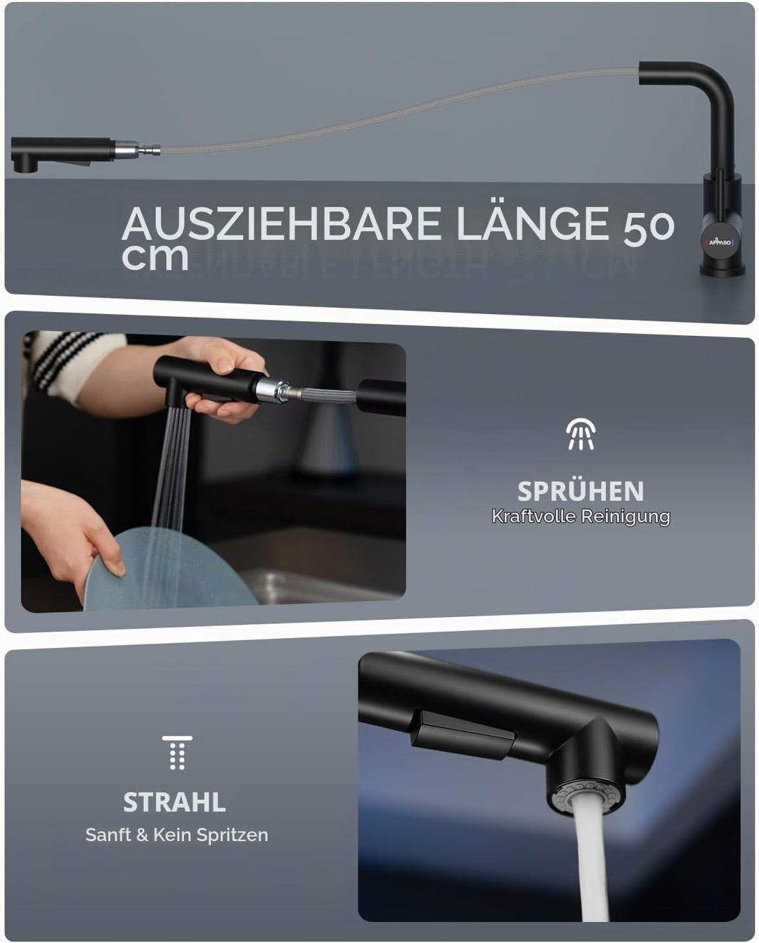 APPASO Niederdruck Wasserhahn Küche Schwarz, KTW-zertifizierten Heiss- und Kaltschläuche, Küchenarma