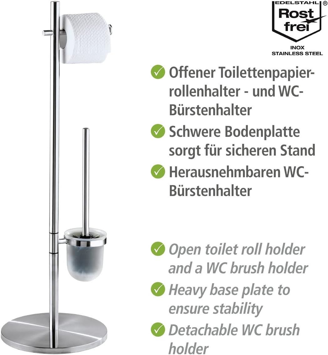 WENKO Stand WC-Garnitur Mod. Pieno Freistehend aus rostfreiem Edelstahl mit Toilettenpapierhalter un