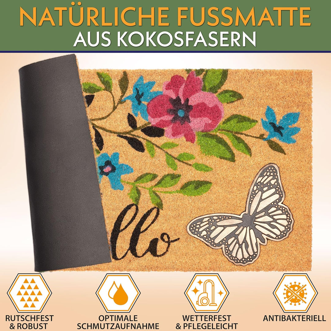BRUBAKER Fussmatte für Aussen und Innen - 3D Schmetterling mit Blumen und Hello - 45 x 75 cm Schmutz