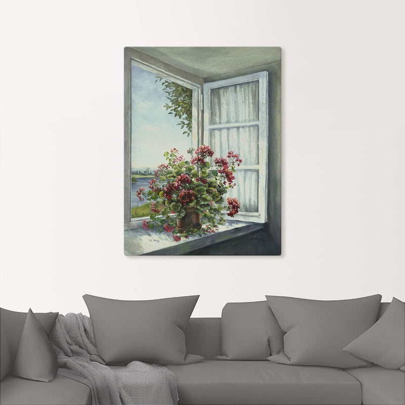 Artland Leinwandbild Wandbild Bild auf Leinwand 60x80 cm Wanddeko Fensterblick Fenster Blumen Botani