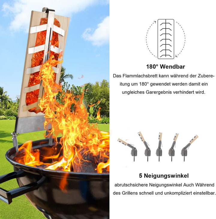 Ikodm Flammlachsbrett x2, Flammlachsbretter mit Halterung Wendefunktion,Lachsbretter Zum Grillen Feu