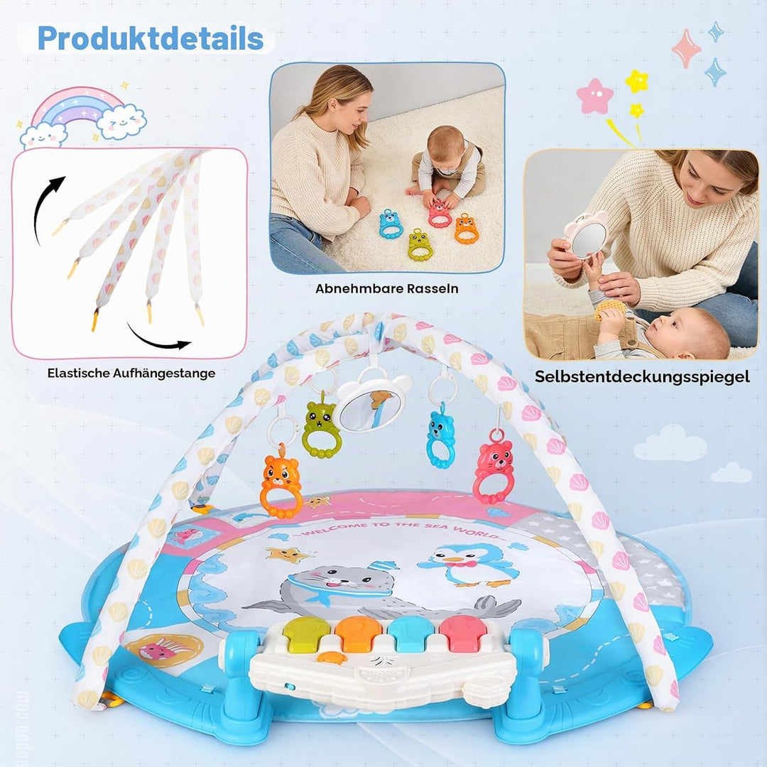 Baby-Spielmatte, Baby-Spielbogen mit Rassel, Klavier und Spiegel, Boden-Spielmatte (100 cm Durchmess