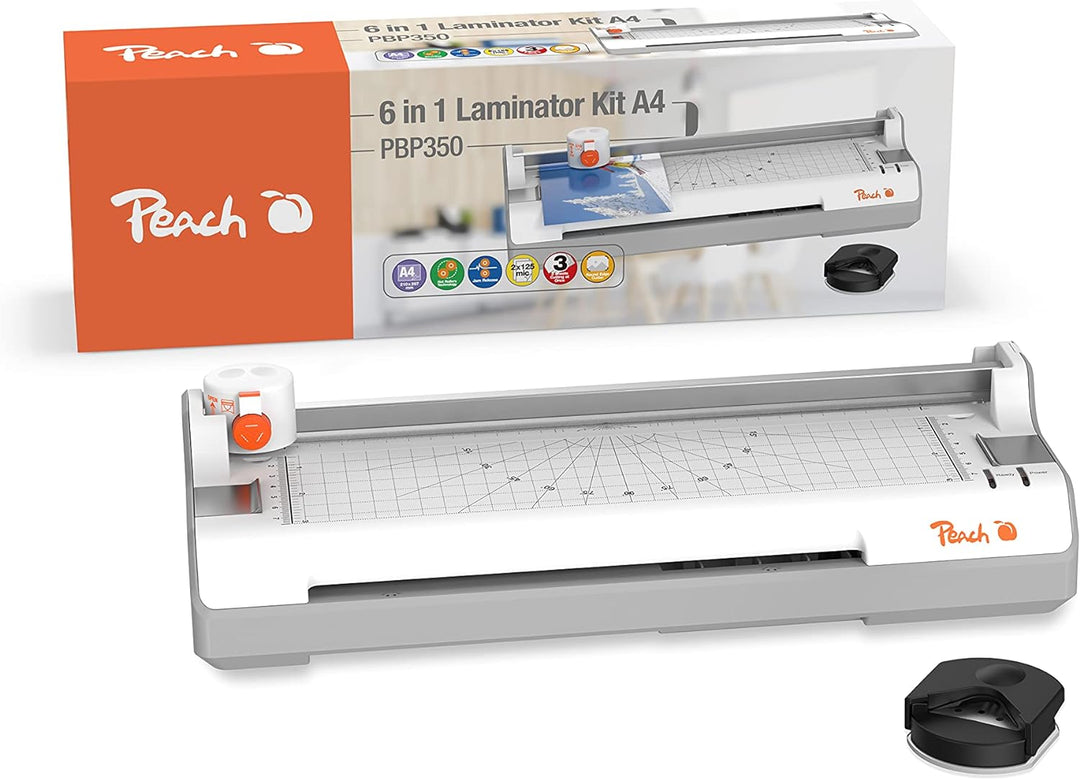 Peach PBP350 6 in 1 Laminiergerät A4 inkl. Eckenrunder, cutter, Laminerfolien | ABS | startklar in 3