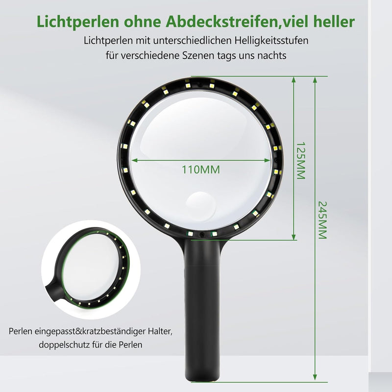 Lupe mit Licht,Leselupe mit Licht für Senioren Gross,3 Lichtmodi USB Wiederaufladbar,Beleuchtete Lup