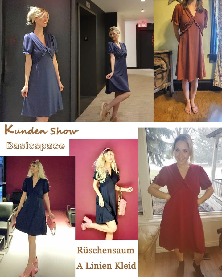 Basicspace Damen Sommerkleider V-Ausschnitt Kurzarm Tunika Rüsche Lässig Lose Flowy Swing A Line Kle