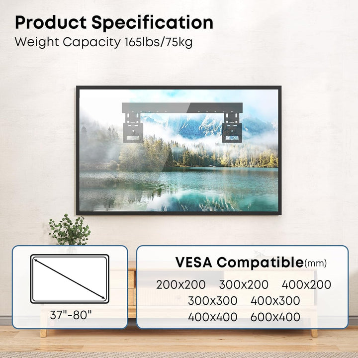 Ultra Slim TV Wandhalterung-TV Halterung für 37-80 Zoll Flachbildschirme,MAX 75 kg,MAX VESA 600x400m