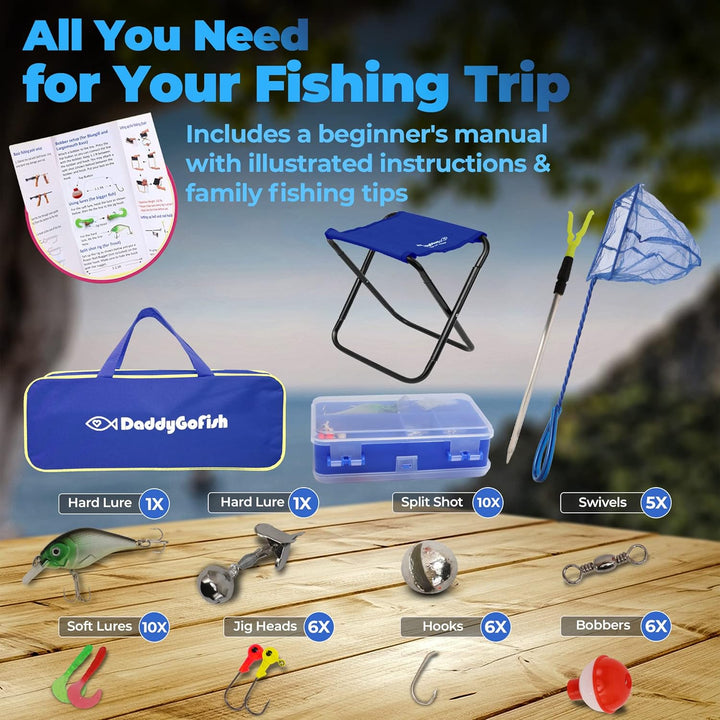 DaddyGoFish Kinder Angelset - Teleskoprute &amp; Rolle Combo mit Klappstuhl, Rutenhalter, Tackle Box, Kö