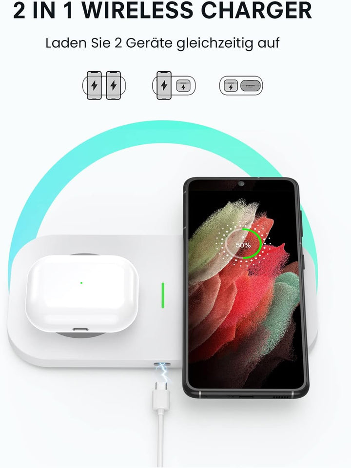 JoyGeek 2 IN 1 Wireless Charger, 15W Max Induktive Ladestation, für iPhone 15/14/13/12/11/Pro/ProMax