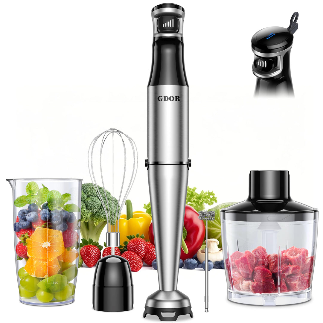 GDOR 1100W Pürierstab, 5 In 1 Stabmixer Edelstahl, Stufenlos Geschwindigkeitseinstellung Hand Blende