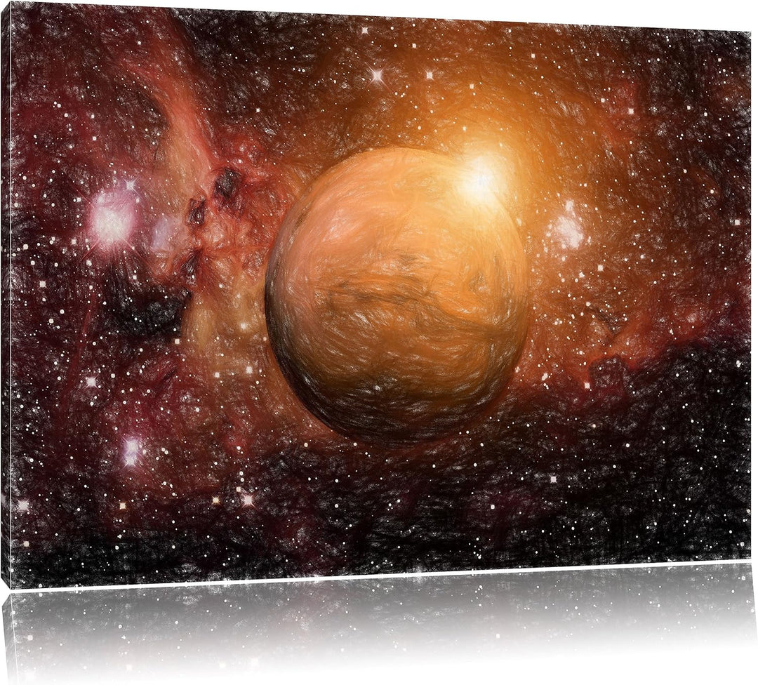 Pixxprint Planet Mars im Universum Kunst Buntstift Effekt, Format: 100x70 auf Leinwand, 100x70