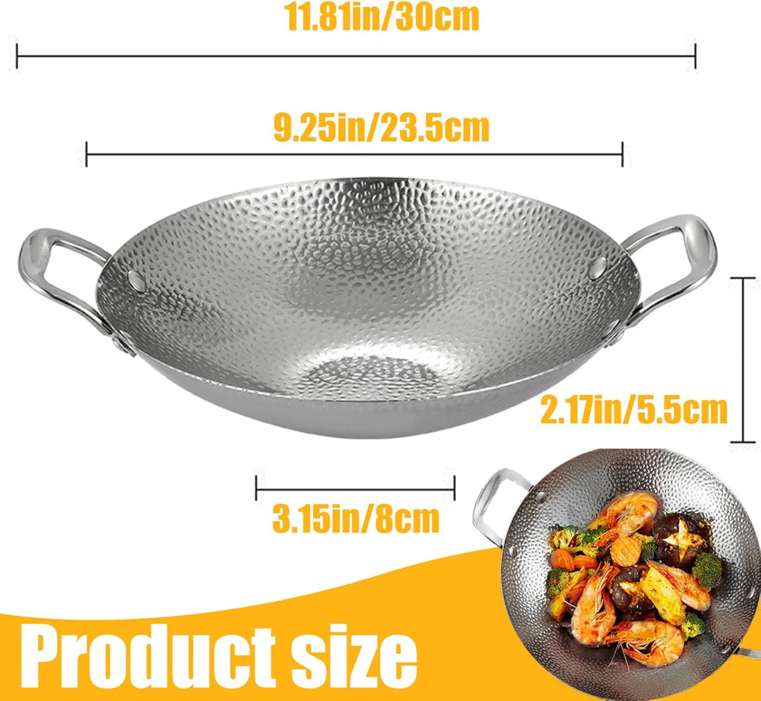 Edelstahl-Wok, 9-Zoll-Mini-Wok mit zwei Griffen, antihaftbeschichteter Wok mit rundem Boden, dicker