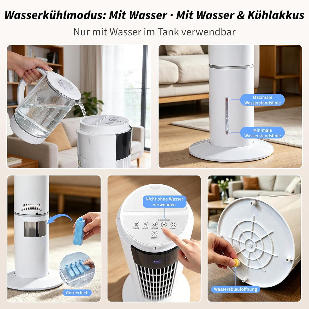 Citybee Turmventilator mit kühlung - Tower Fan leise - 3 Geschwindigstufen 3 Modi - 12 H Timer - 50°