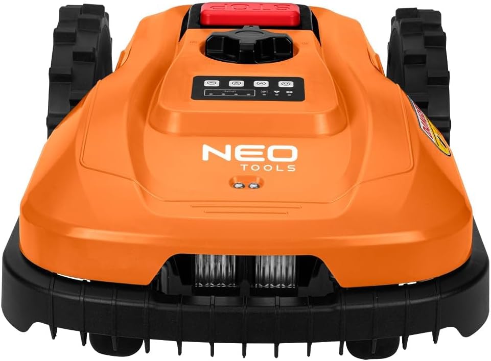 NEO TOOLS Mähroboter mit Austauschbarem Akku (2 Ah-Akku Enthalten) für Gärten bis 600 m2 - Steuerung