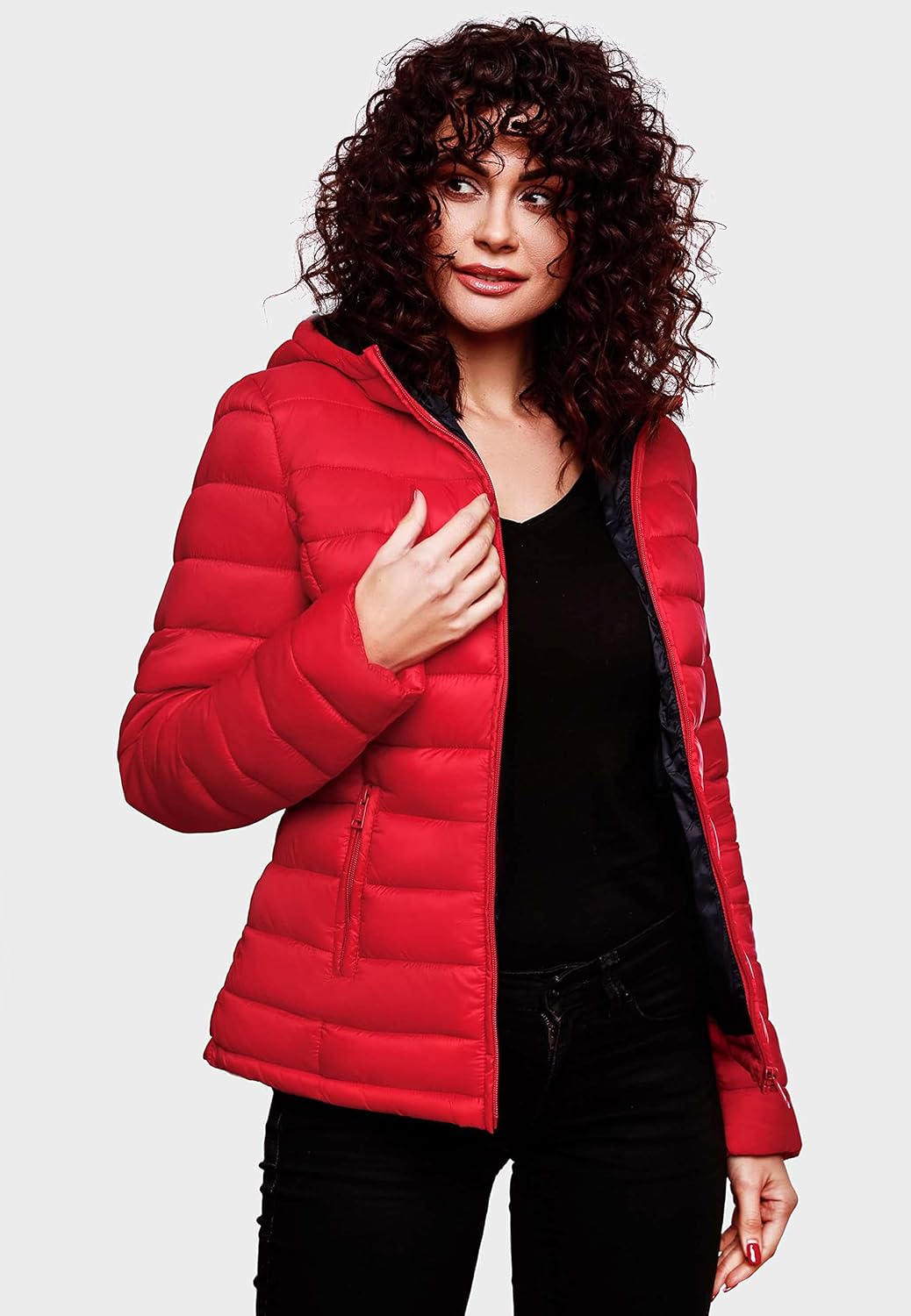 MARIKOO Damen Übergangsjacke leichte Steppjacke kurz mit Kapuze Lucy XS-3XL XS Rot, XS Rot