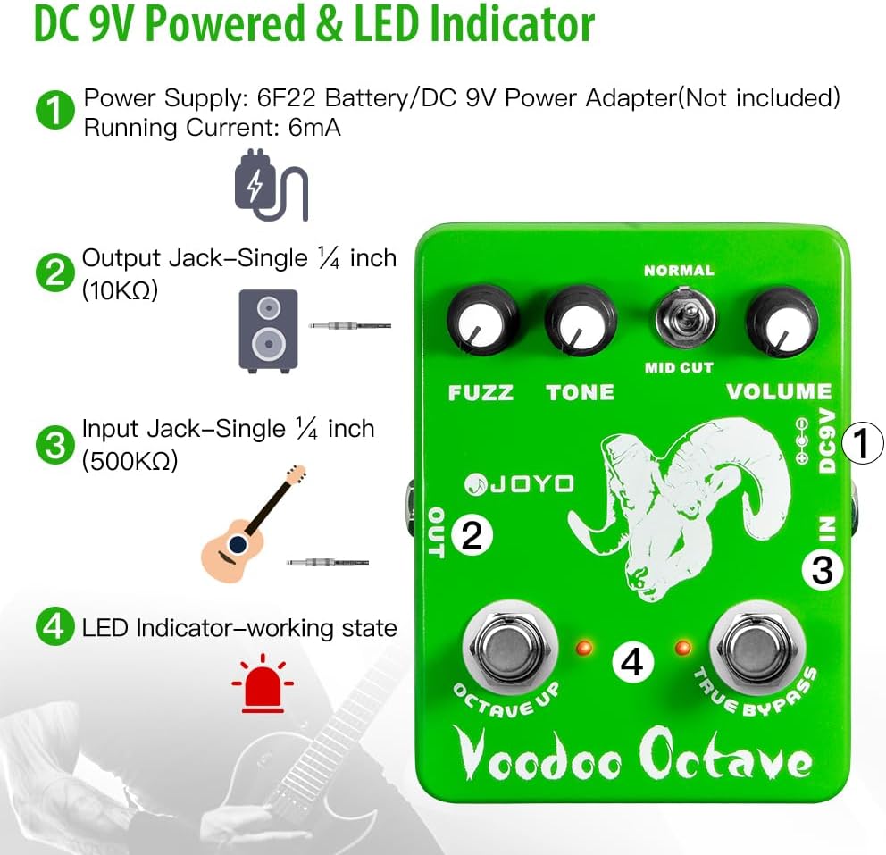 JOYO Octave Fuzz Pedal Germanium Fuzz 60er Rock-Effekt mit „Mid-Cut“ für E-Gitarre – True Bypass (Vo