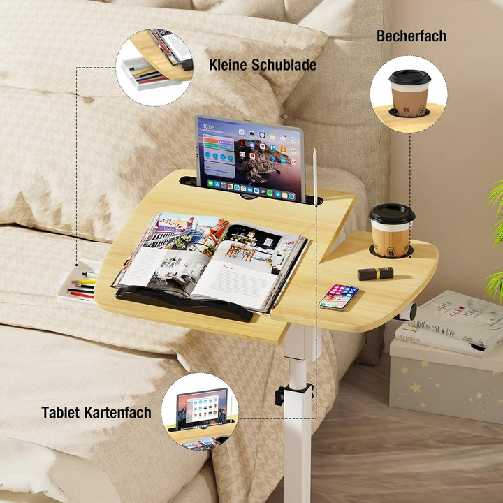Laptoptisch höhenverstellbar, Mobiler Beistelltisch mit Schubladen, Mobiler Stehpult mit rollbar, Be