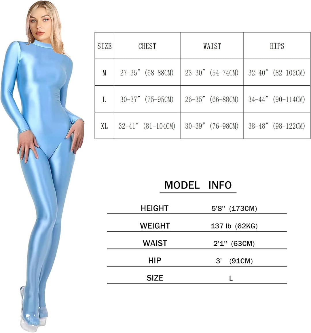 200D blickdichter Einteiler Badeanzug High Stretch Glänzender Body Reissverschluss Rücken L Himmelbl