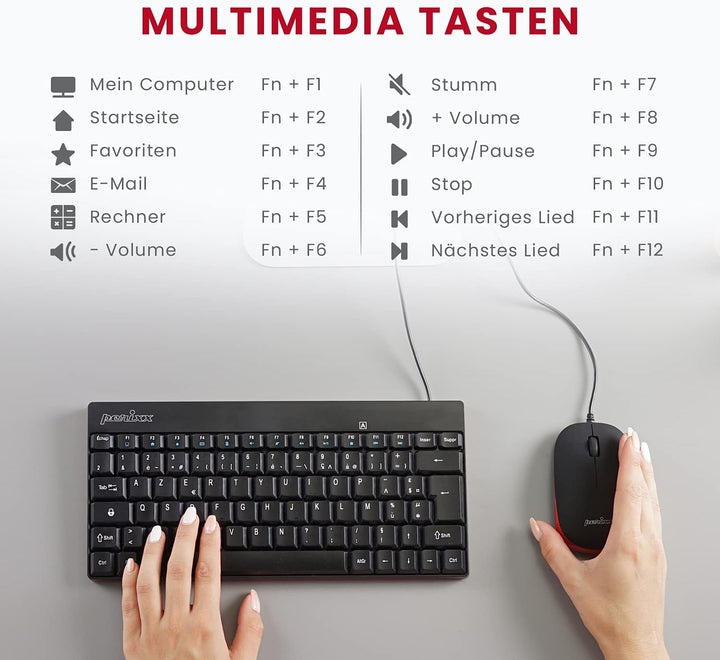 Perixx PERIDUO-212 DE, Kompaktes Mini Tastatur und Maus Set, USB-Kabel, Schwarz, Deutsches Layout Sc