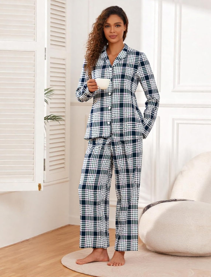 Famulily Frauen Langarm Pyjama Set Plaid Loungewear Sets Button Up Top und Wide Leg Hosen S-XXL, S S