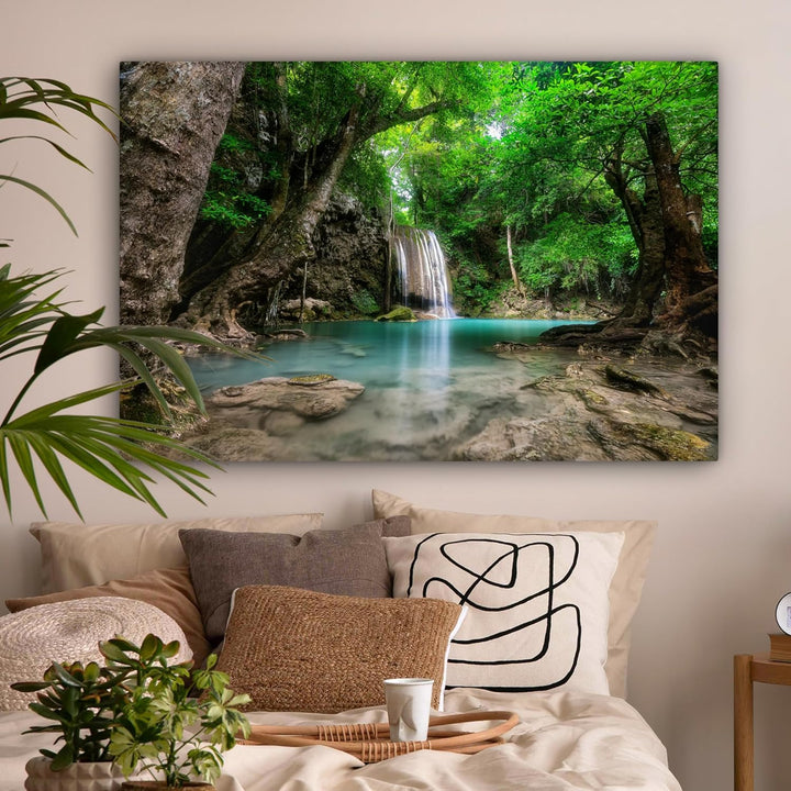MuchoWow Leinwand Bilder, Einzigartige Wanddeko mit Rahmen, Dschungel - Wasserfall - Pflanzen - Wass