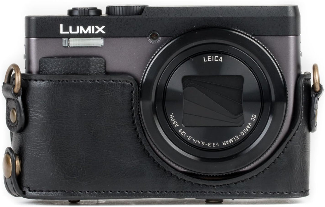 MegaGear MG1258 Panasonic Lumix DC-TZ95, DC-TZ90 Ever Ready Leder Kamera-Case mit Trageriemen - Schw