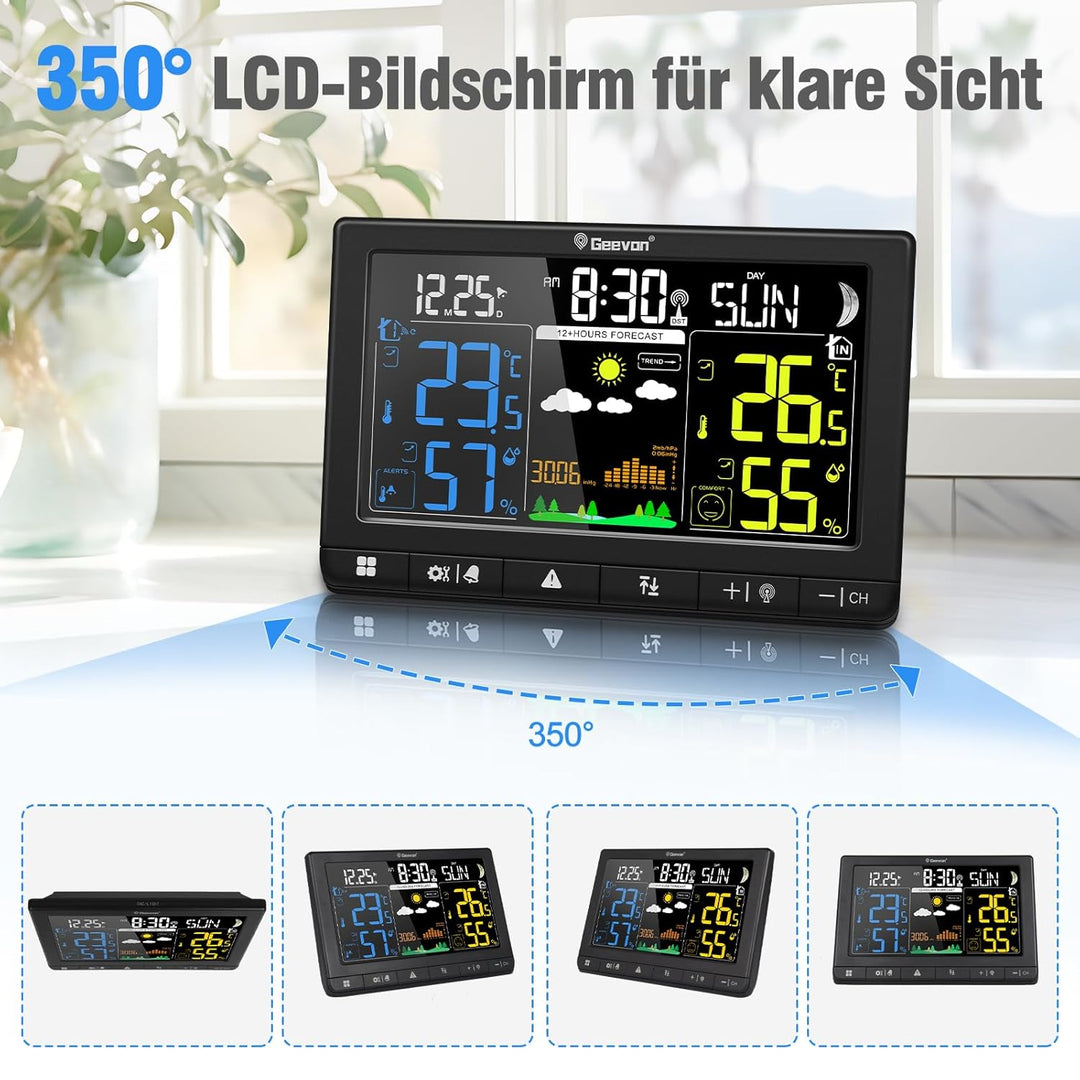 Geevon Wetterstation Funk mit Aussensensor, DCF-Funkuhr, Grosses LCD 350° Ablesewinkel für Innen und