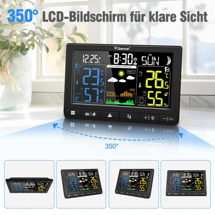 Geevon Wetterstation Funk mit Aussensensor, DCF-Funkuhr, Grosses LCD 350° Ablesewinkel für Innen und